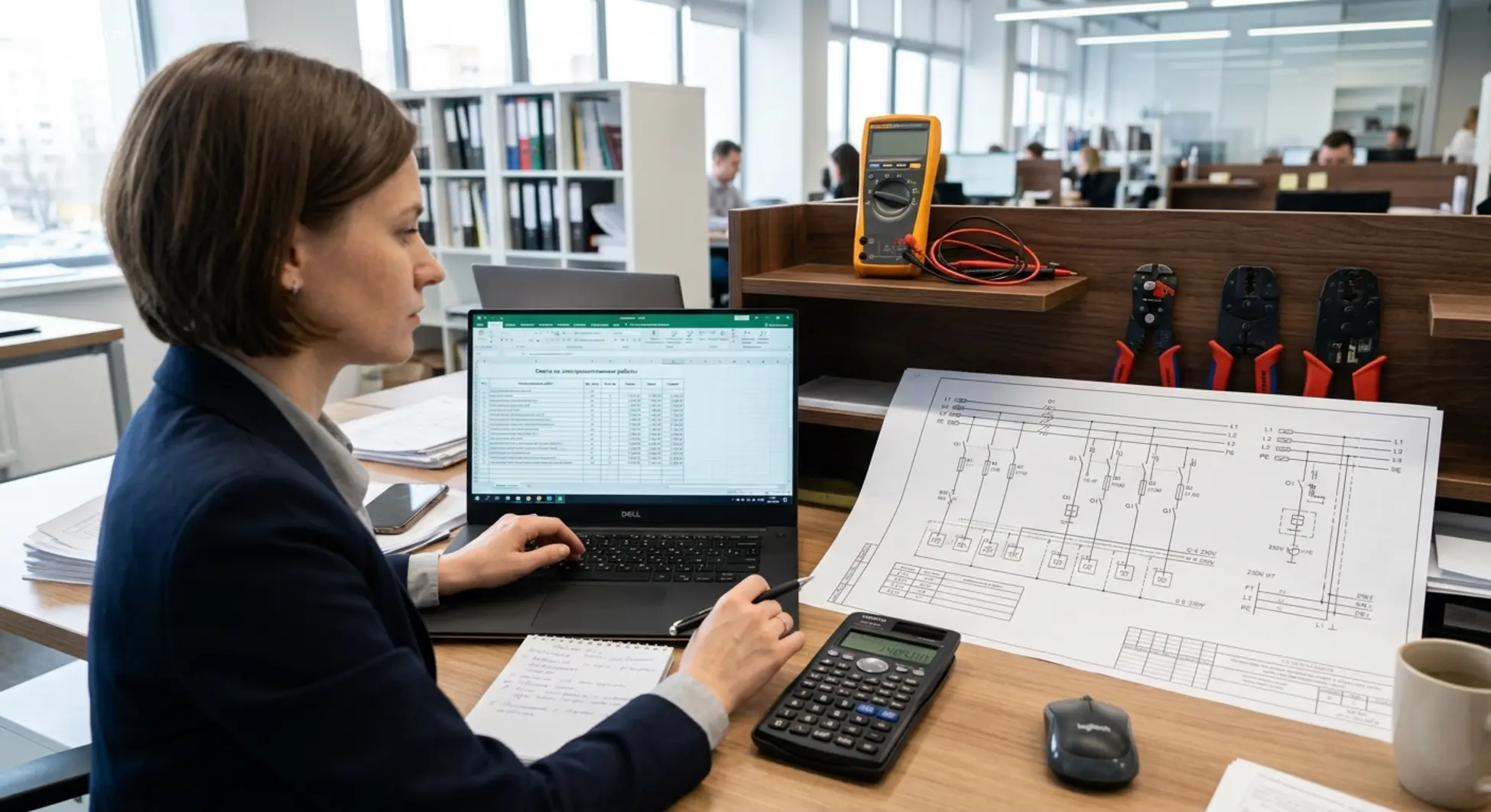 Смета на электромонтажные работы в Excel на фоне чертежей электрики