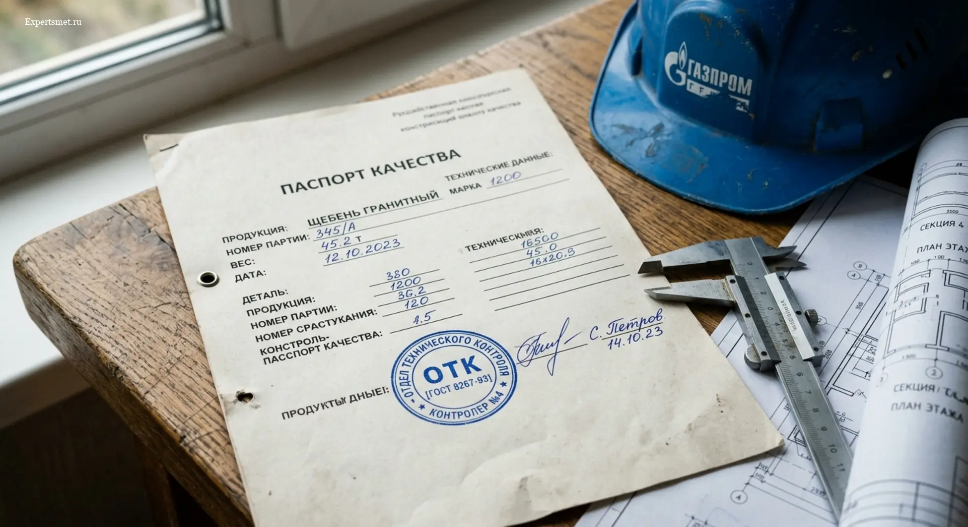 Качественное удостоверение и паспорт качества на строительную продукцию со штампом ОТК на рабочем столе с чертежами