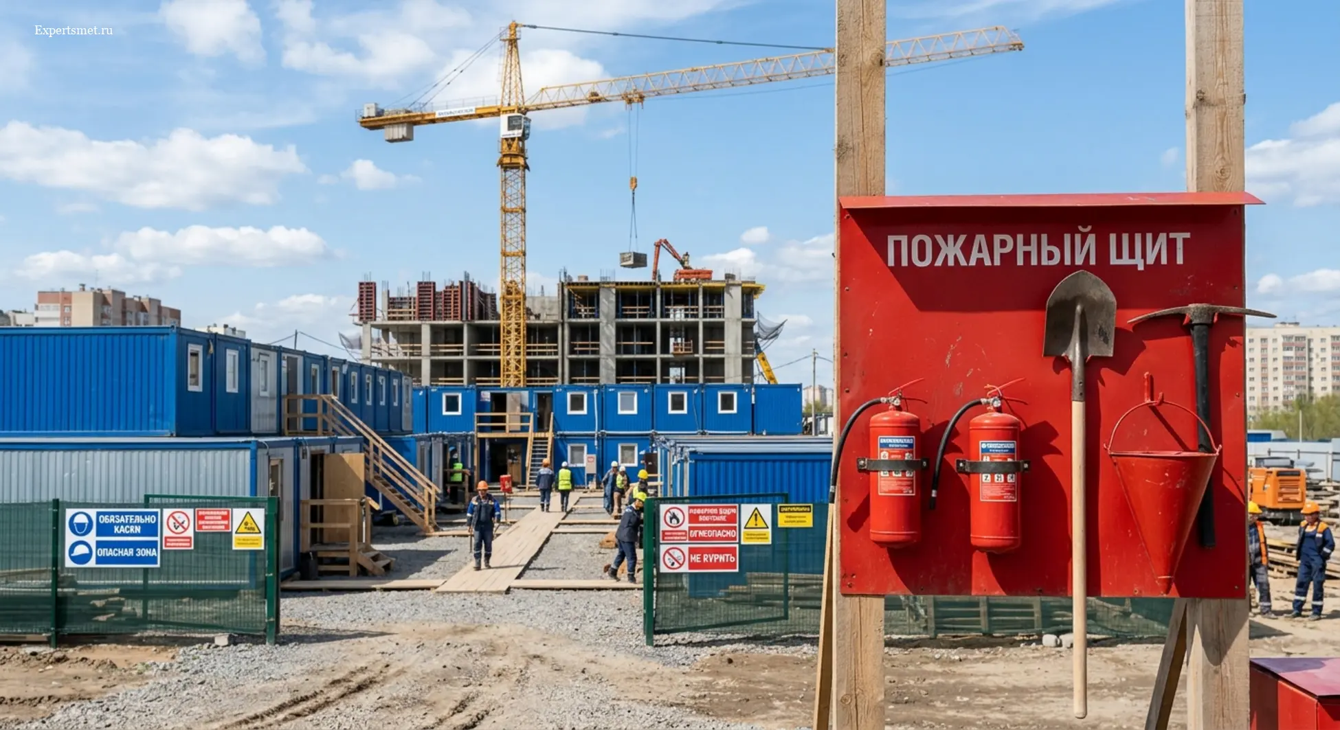 Пожарный щит с первичными средствами пожаротушения на строительной площадке на фоне бытового городка