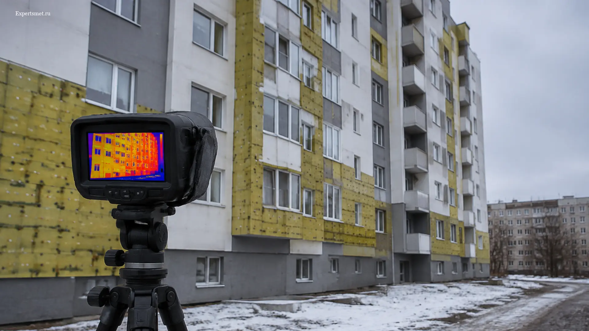 Фасад типового российского многоквартирного дома и тепловизионная камера на штативе в холодный сезон.