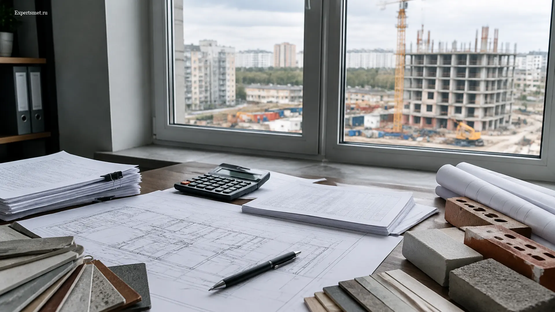 Сметная документация, чертежи строительного объекта, калькулятор и образцы материалов на столе у окна с видом на российскую стройплощадку.