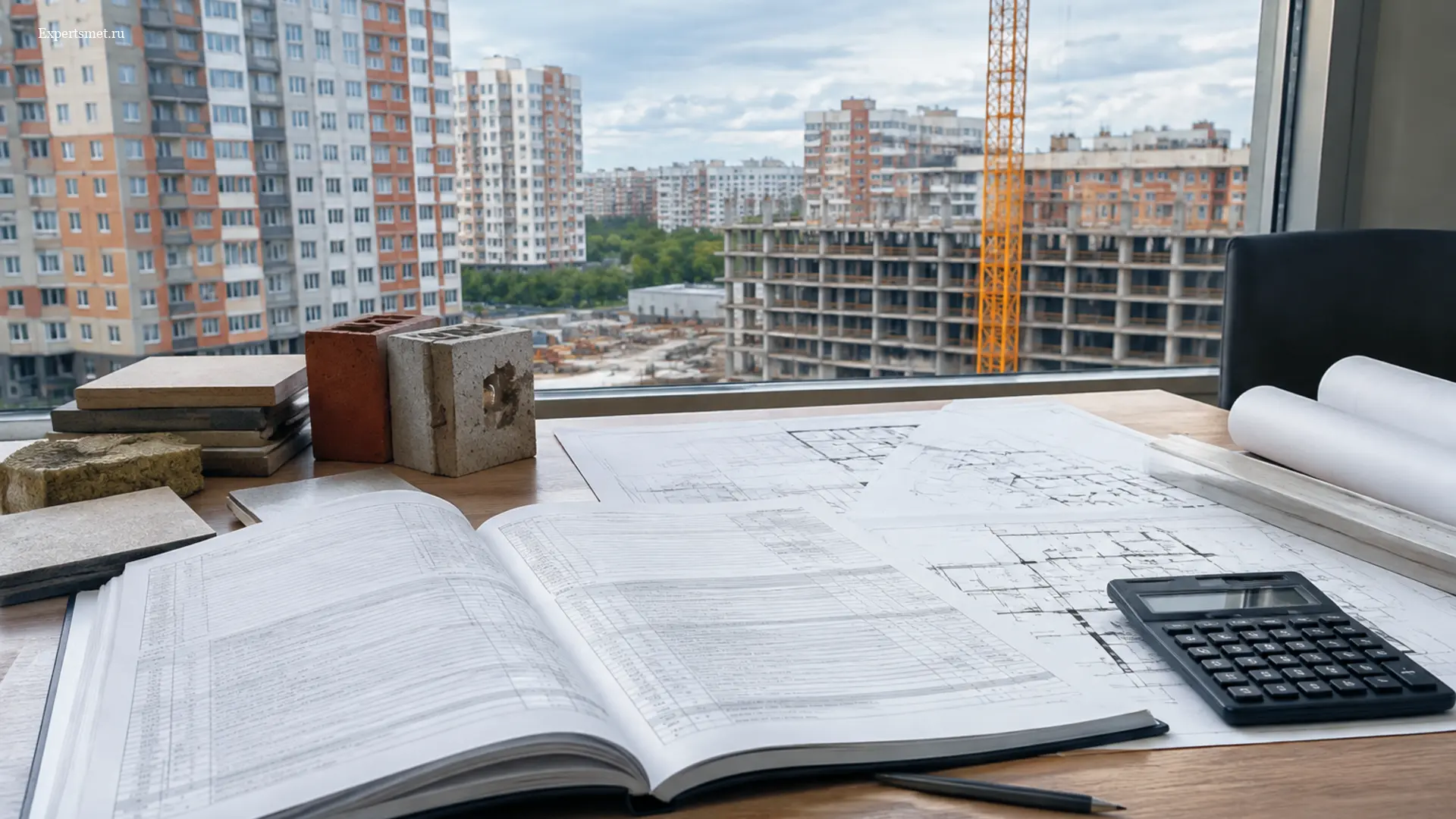 Сметная документация, строительные чертежи, калькулятор и образцы материалов на пустом столе на фоне российской застройки