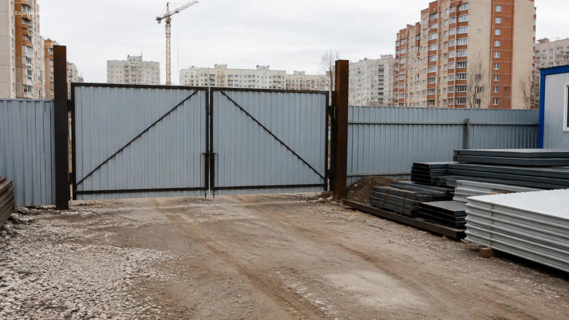 Распашные металлические ворота из профилированного листа на пустой стройплощадке, рядом металлические профили и строительные материалы.