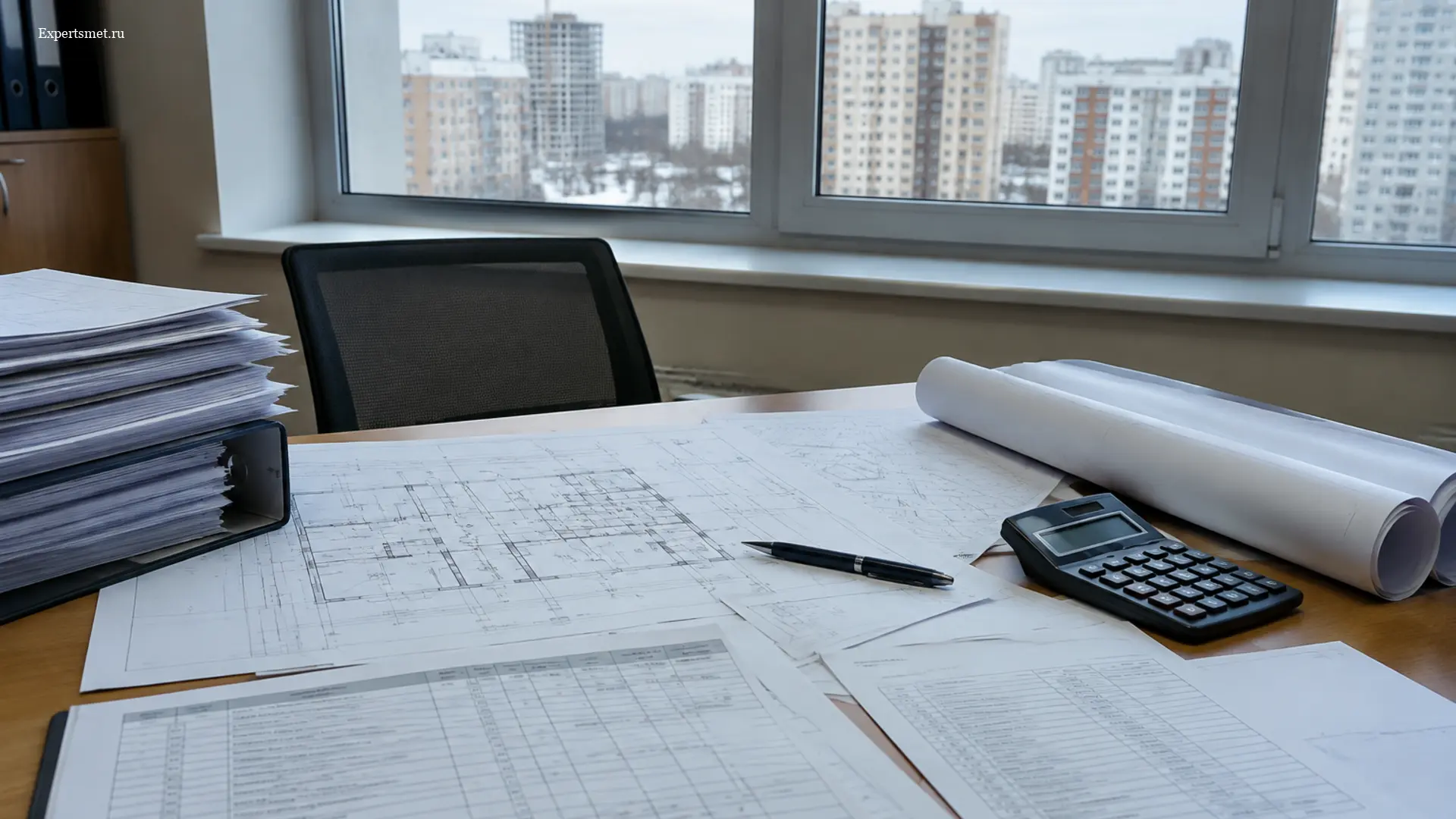 Рабочий стол со сметной документацией, строительными чертежами, ведомостью объёмов работ и калькулятором в пустом офисе.